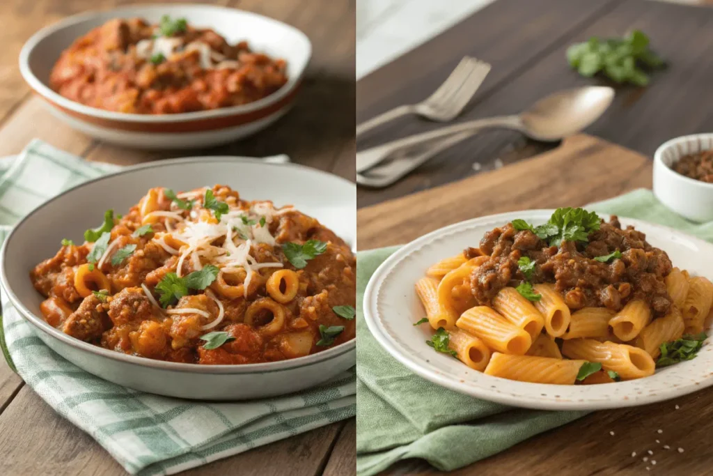 Side-by-side comparison of Chef Boyardee Beefaroni and homemade Beefaroni.