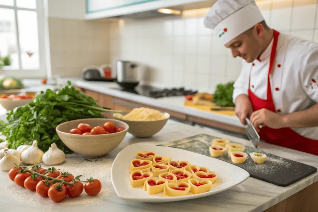 Chef preparing a dish with Barilla heart-shaped pasta and fresh ingredients