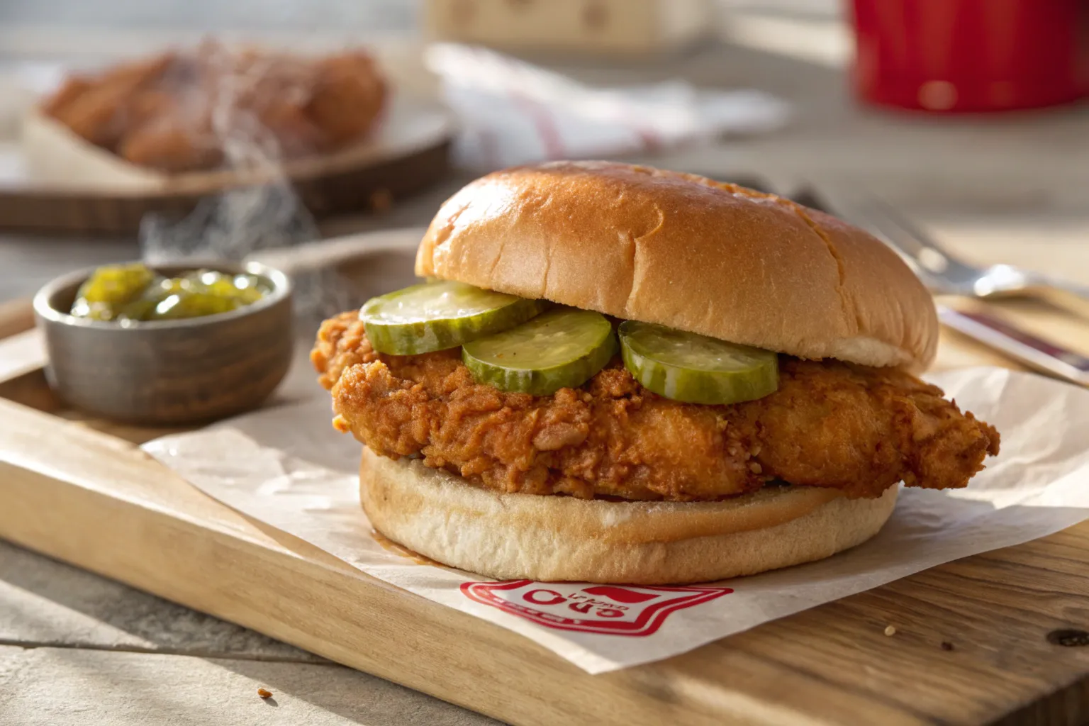 Close-up of Chick Fil A Spicy Chicken Sandwich on a rustic wooden surface.