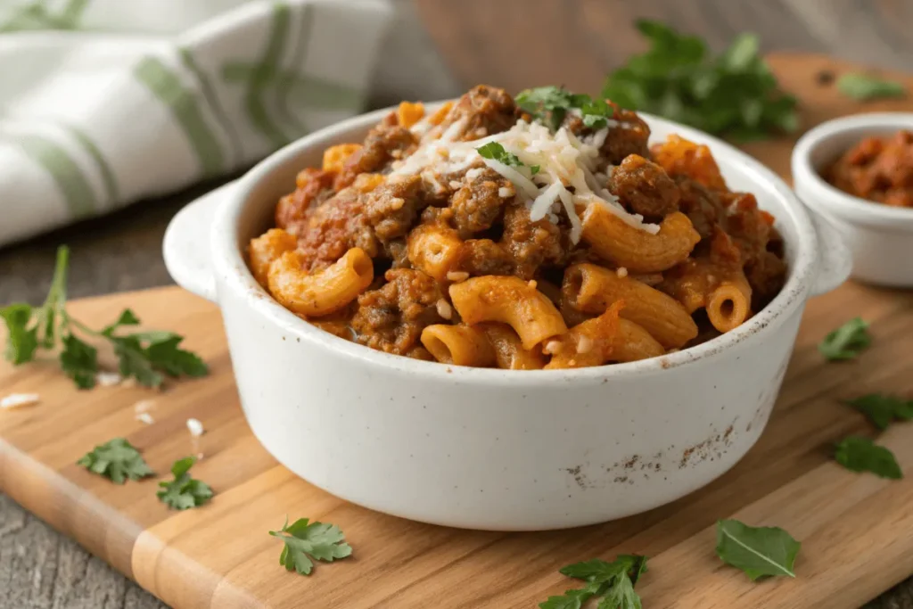 A close-up of beefaroni with macaroni, tomato sauce, and ground beef topped with shredded cheese.