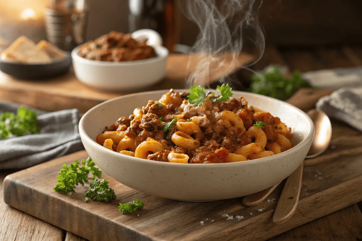 A bowl of classic beefaroni served on a wooden table.