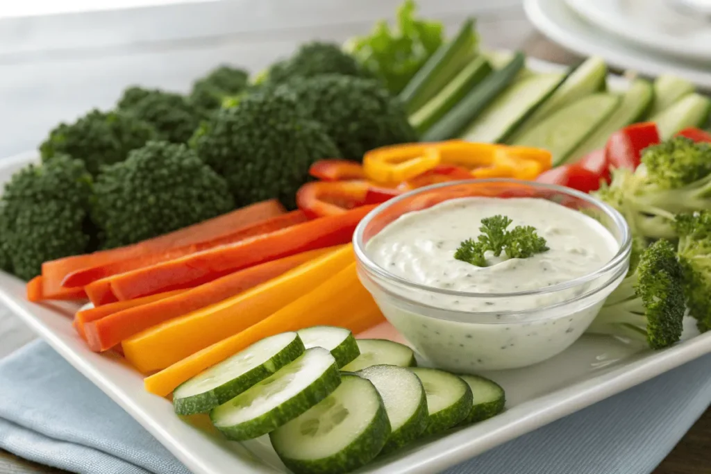 A close-up of a veggie tray with cucumbers, bell peppers, broccoli, and ranch dip