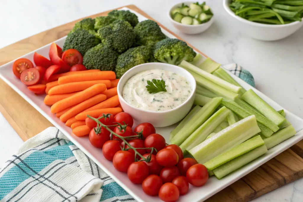 Traditional veggie tray with ranch dip in the center