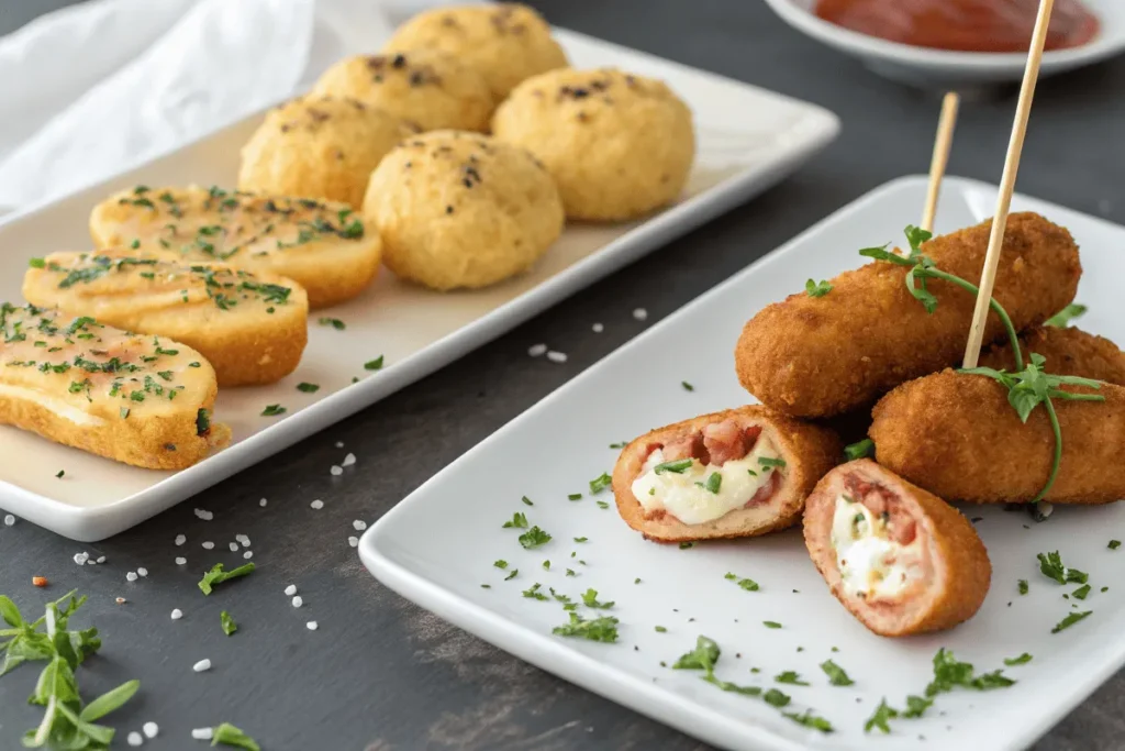 Classic and gourmet corn dog nuggets side by side on a plate