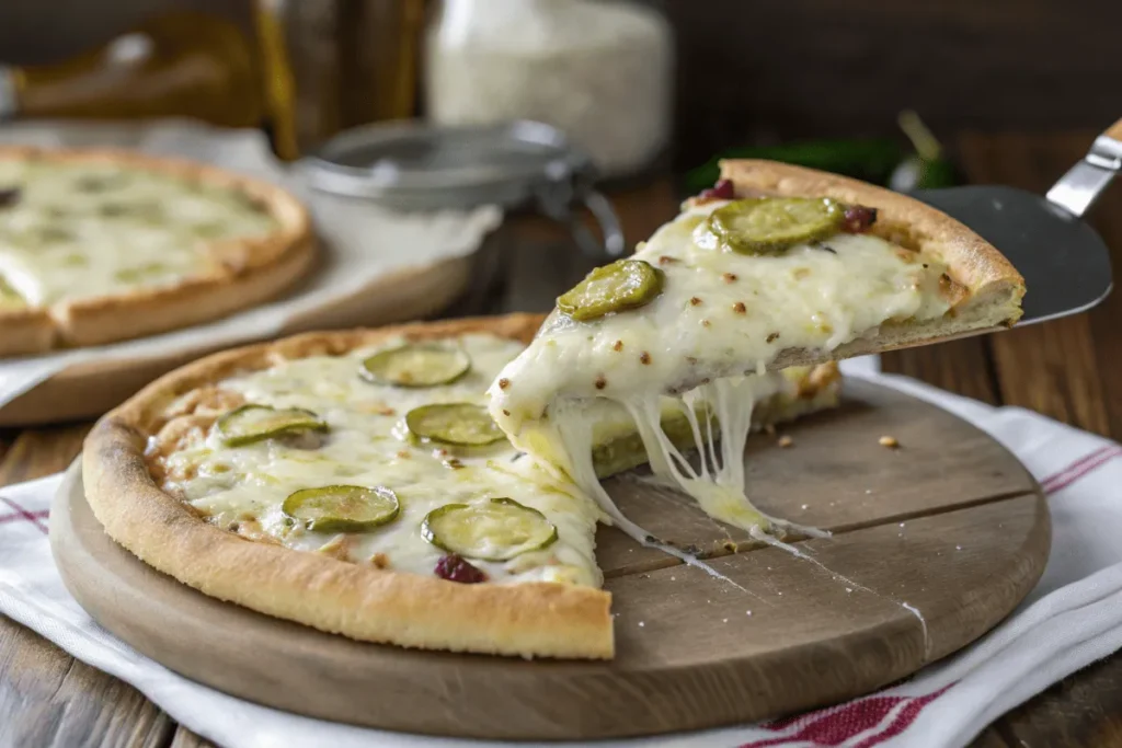 A slice of pickle pizza being lifted with gooey cheese stretching.