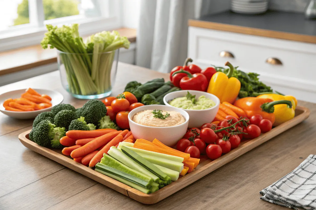 Colorful veggie tray with dips on a wooden table.