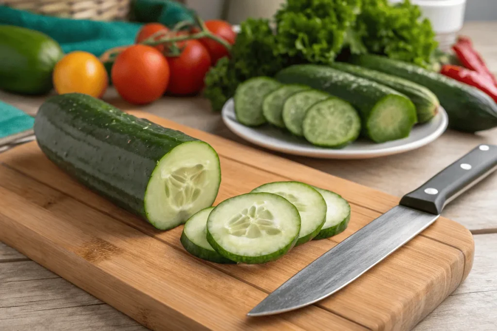 Peeled and unpeeled cucumbers sliced side by side on a cutting board.