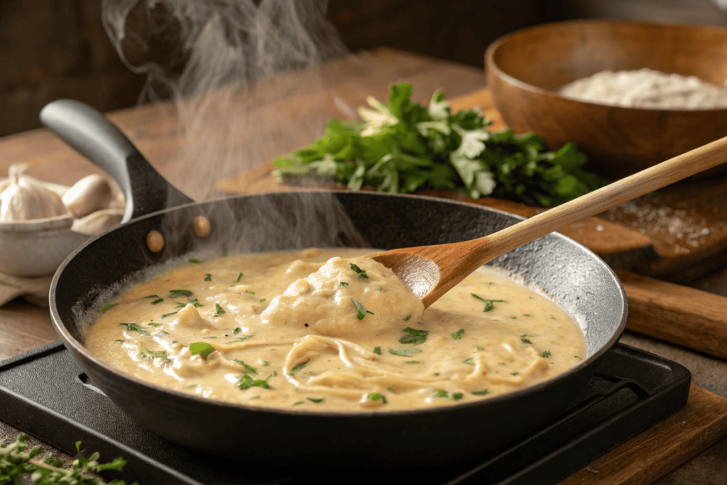 A skillet with creamy garlic parmesan sauce simmering on the stove.