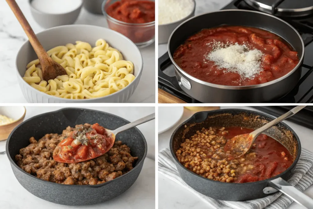 Step-by-step process of cooking beefaroni, showing pasta, sauce, and ground beef preparation.