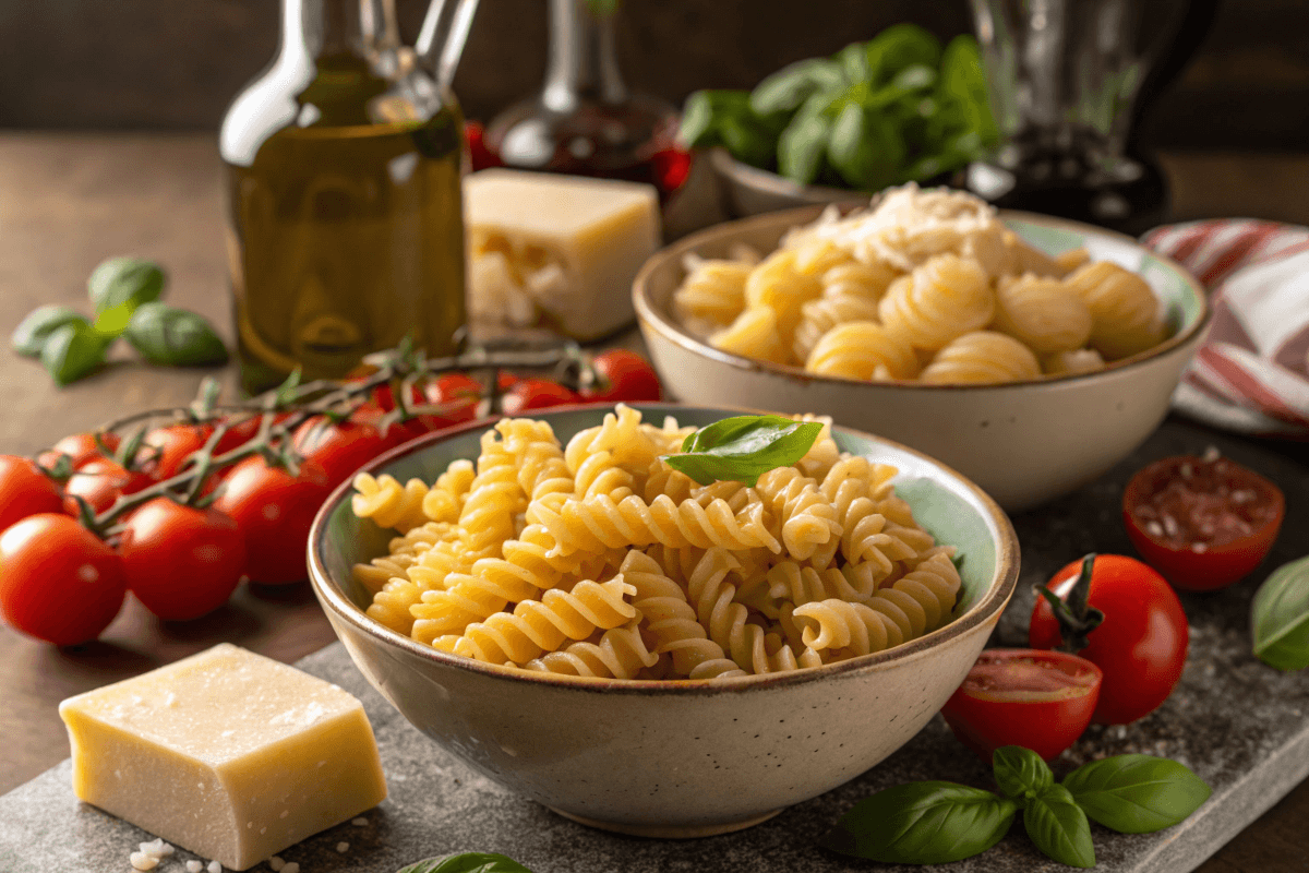 A variety of corkscrew pasta types served in bowls in a rustic Italian setting