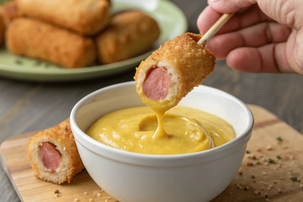 Plate of corn dog nuggets with dipping sauces and fair-themed decorations.