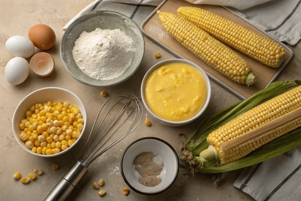 Ingredients for corn nuggets displayed on a rustic kitchen table