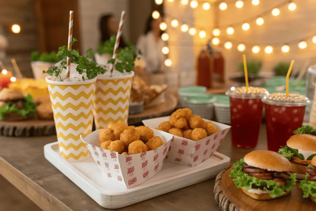 Corn nuggets served in paper cones on a festive party table.