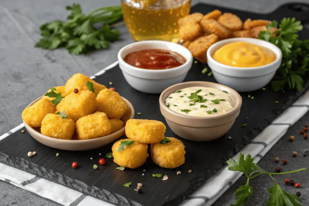 Corn nuggets with a variety of dipping sauces, including garlic aioli and spicy mayo