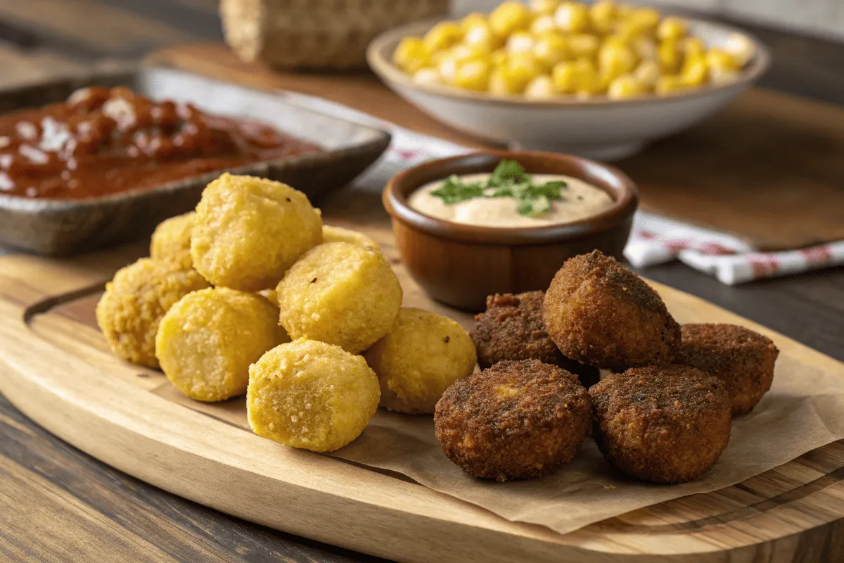 Corn nuggets and hush puppies side-by-side on a wooden platter