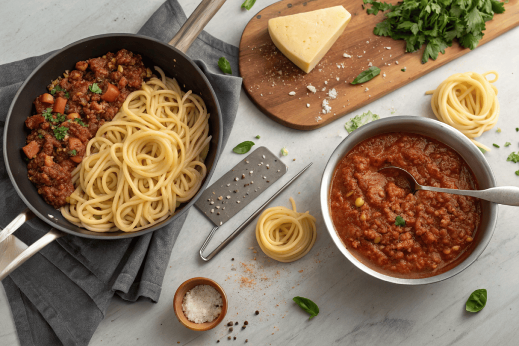 A top-down comparison of beefaroni and spaghetti being prepared side by side.