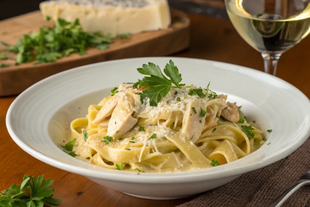 Creamy chicken stock pasta with shredded chicken and Parmesan.