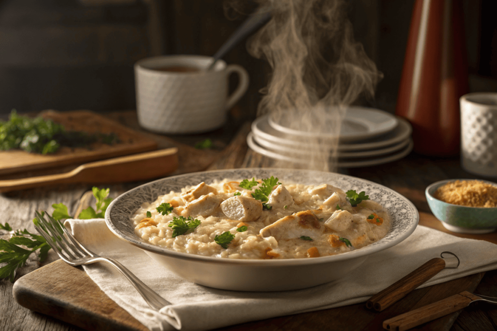 Chicken and rice casserole made with Campbell’s Cream of Chicken Soup, garnished with fresh parsley