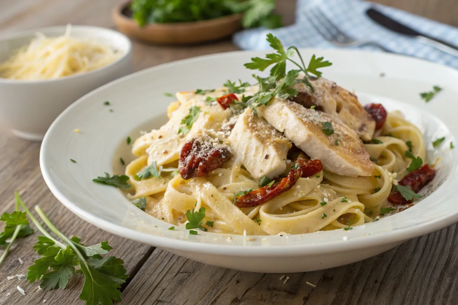 A plate of creamy Marry Me Chicken Pasta garnished with parsley and parmesan.