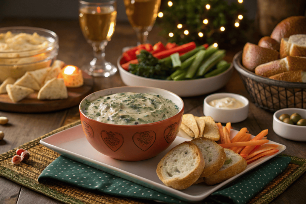 Creamy spinach dip made with Campbell’s Cream of Mushroom Soup served with chips and bread.