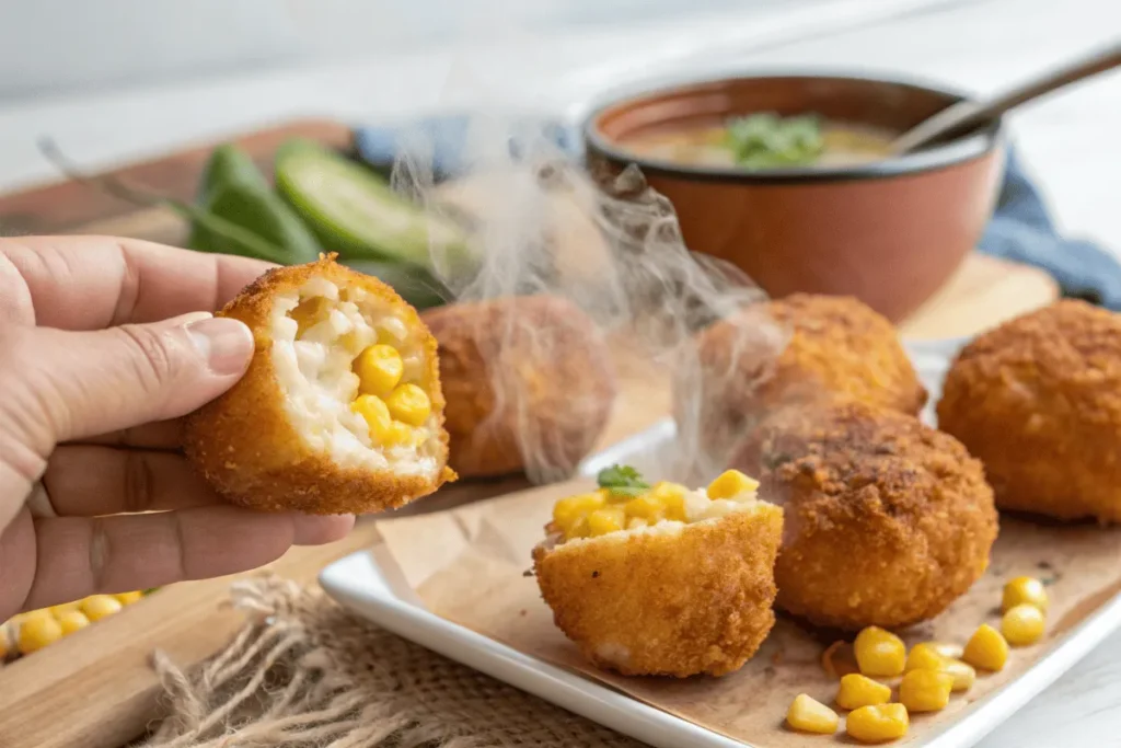 Close-up of a crispy corn nugget with a creamy corn interior