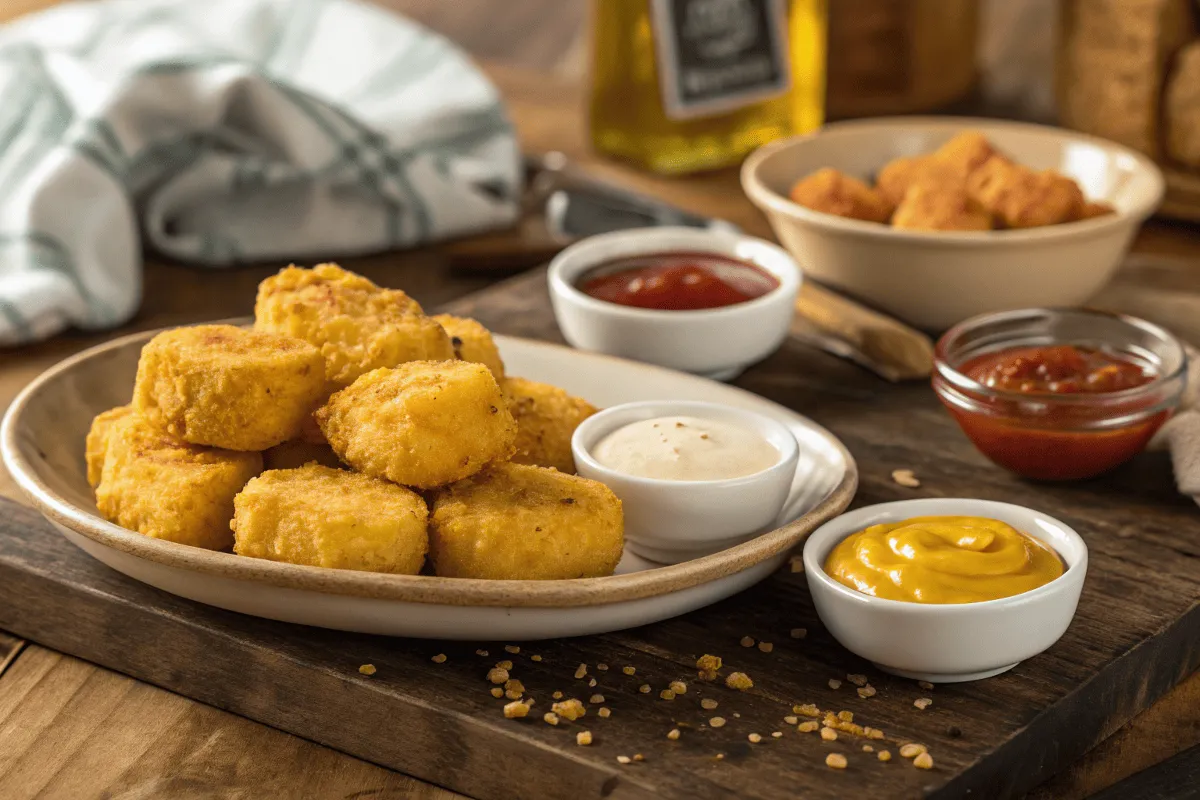 Golden, crispy corn nuggets served with dipping sauces on a rustic wooden table