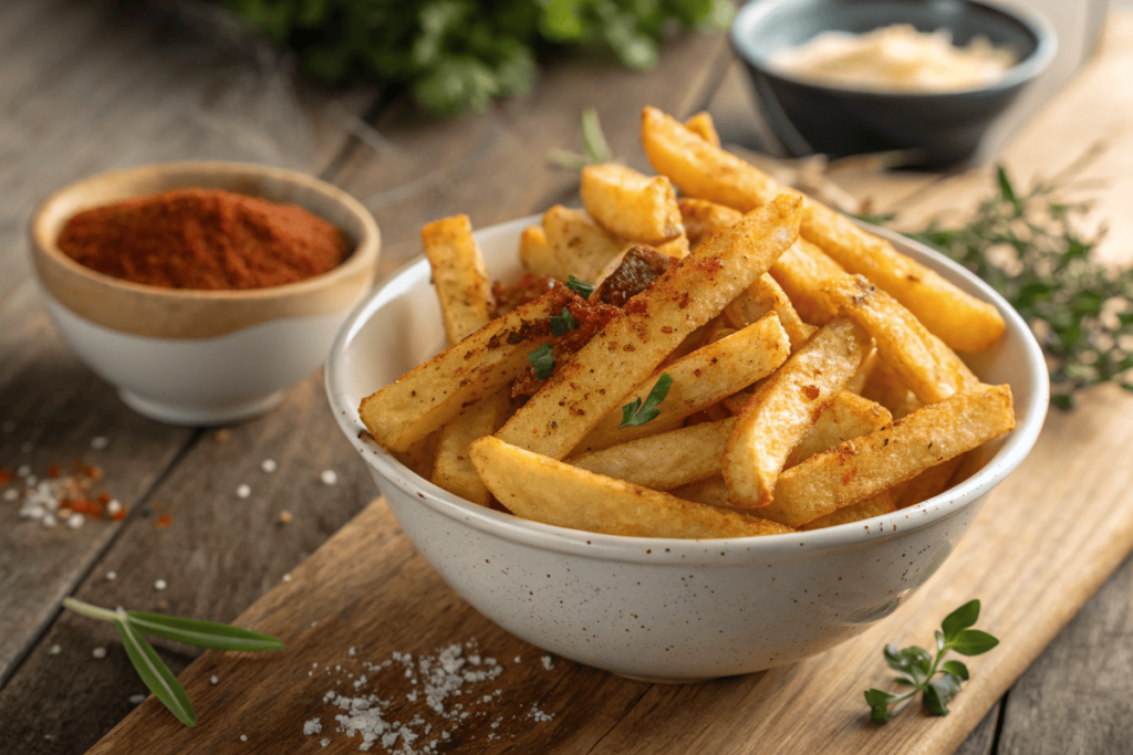 A bowl of crispy golden french fries seasoned with paprika, garlic powder, and salt.