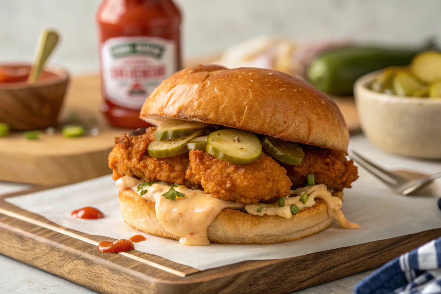 A crispy spicy chicken sandwich on a brioche bun.