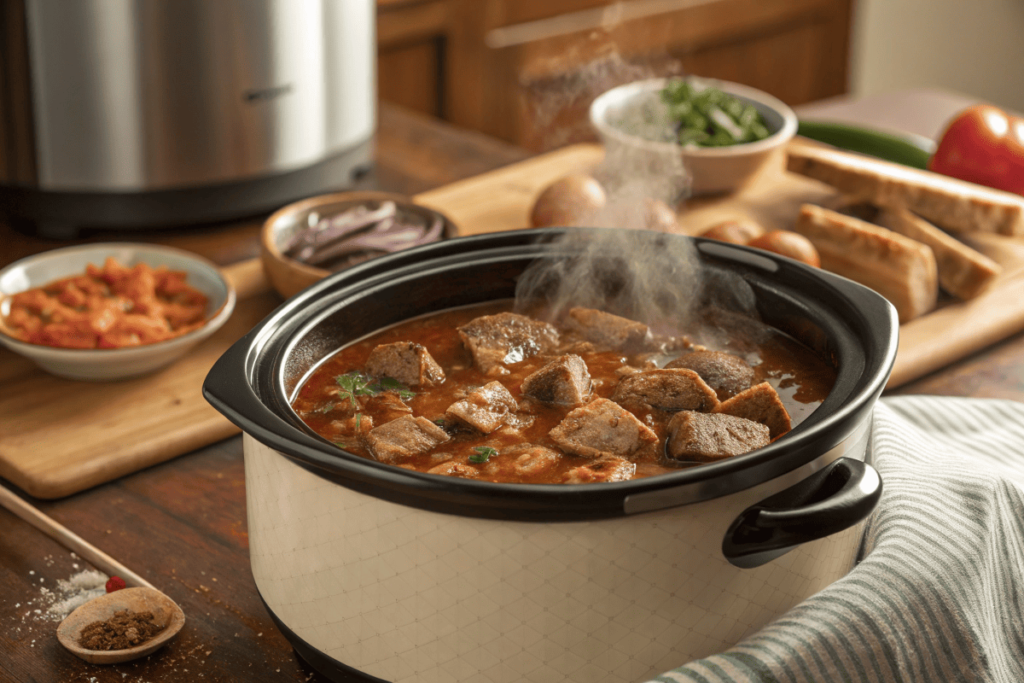 Cube steak simmering in a crock pot with rich broth.