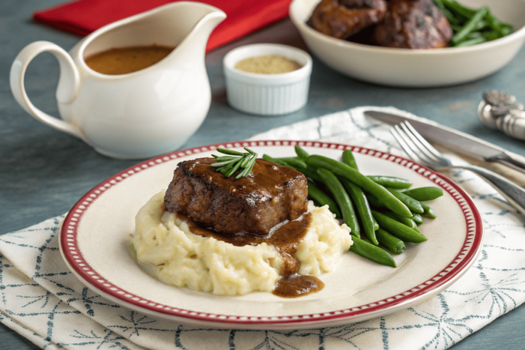 Cube steak served over mashed potatoes with green beans.