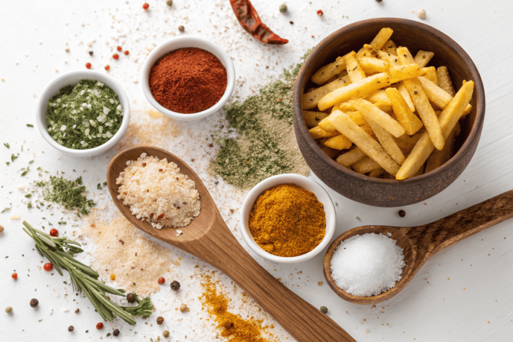  French fry seasoning blends in bowls with a basket of fries