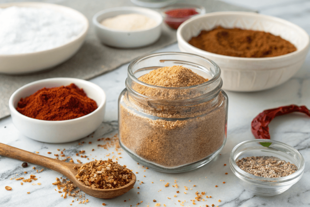 DIY seasoning mix with vibrant spices in small bowls