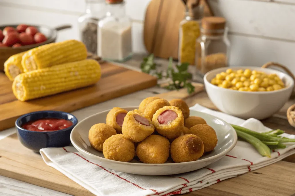 Homemade mini corn dogs in a kitchen setting with ingredients.