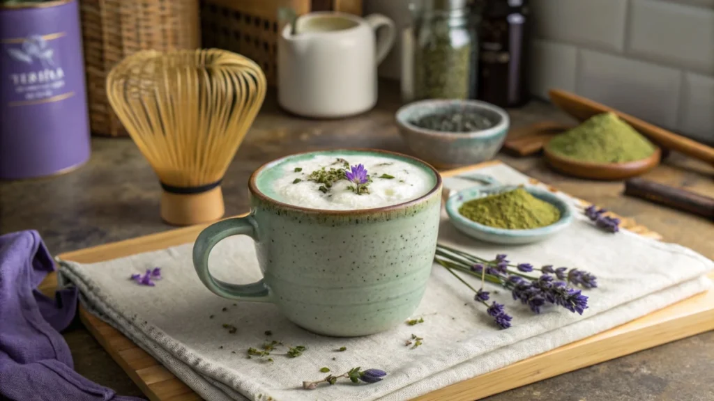 Homemade Lavender Matcha drink in a ceramic mug with lavender flowers.