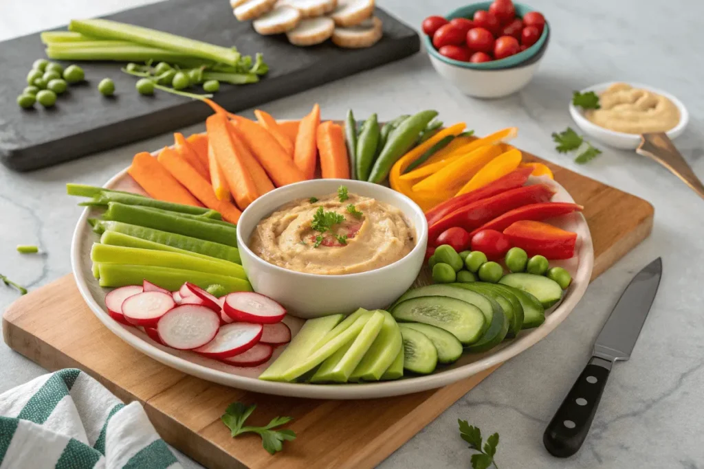 A homemade veggie tray with fresh vegetables and hummus on a platter