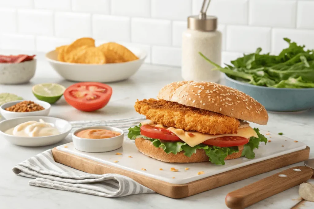 Ingredients of a Spicy Deluxe Crispy Chicken Sandwich laid out neatly on a kitchen counter.