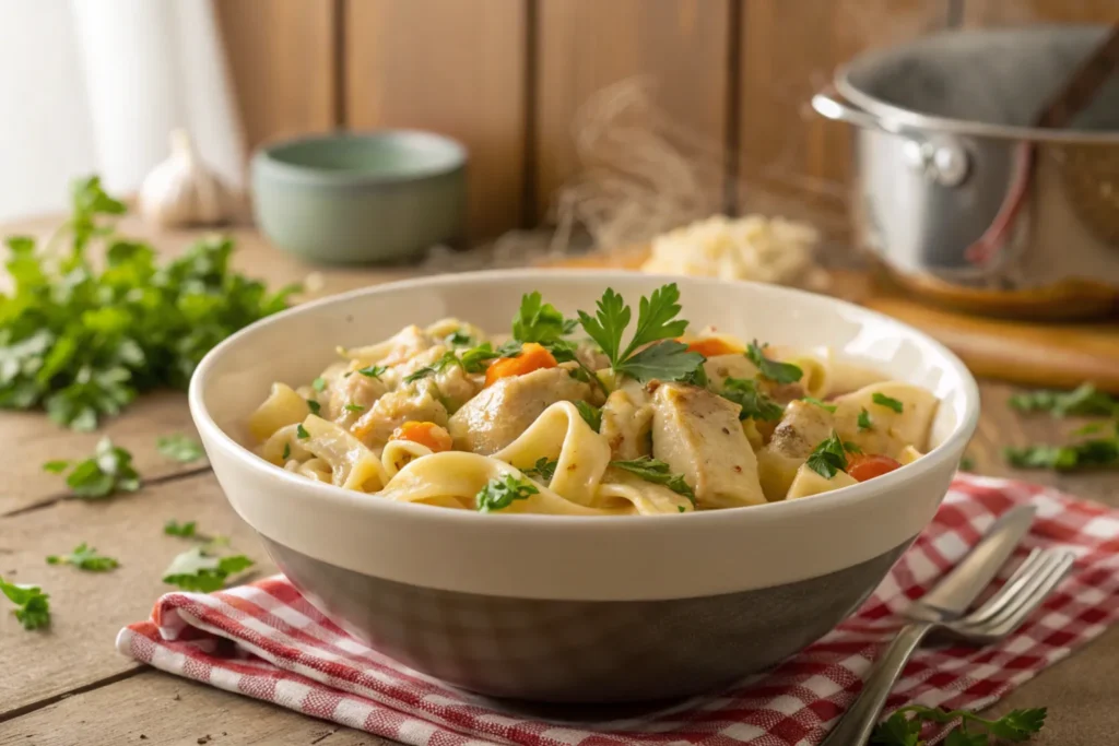 A bowl of pasta cooked in chicken stock garnished with parsley.