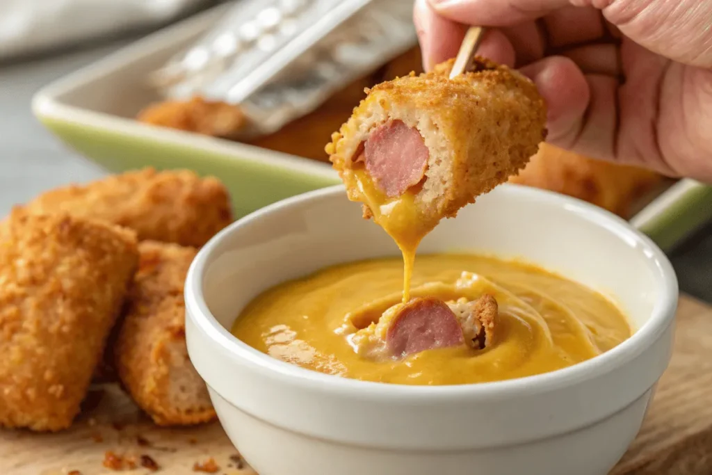 Hand dipping a corn dog nugget into honey mustard sauce.