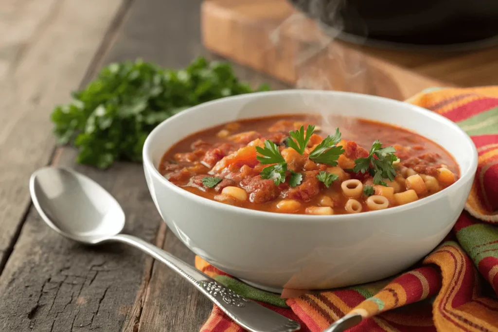 A close-up of ditalini pasta soup with beans, tomato broth, and parsley