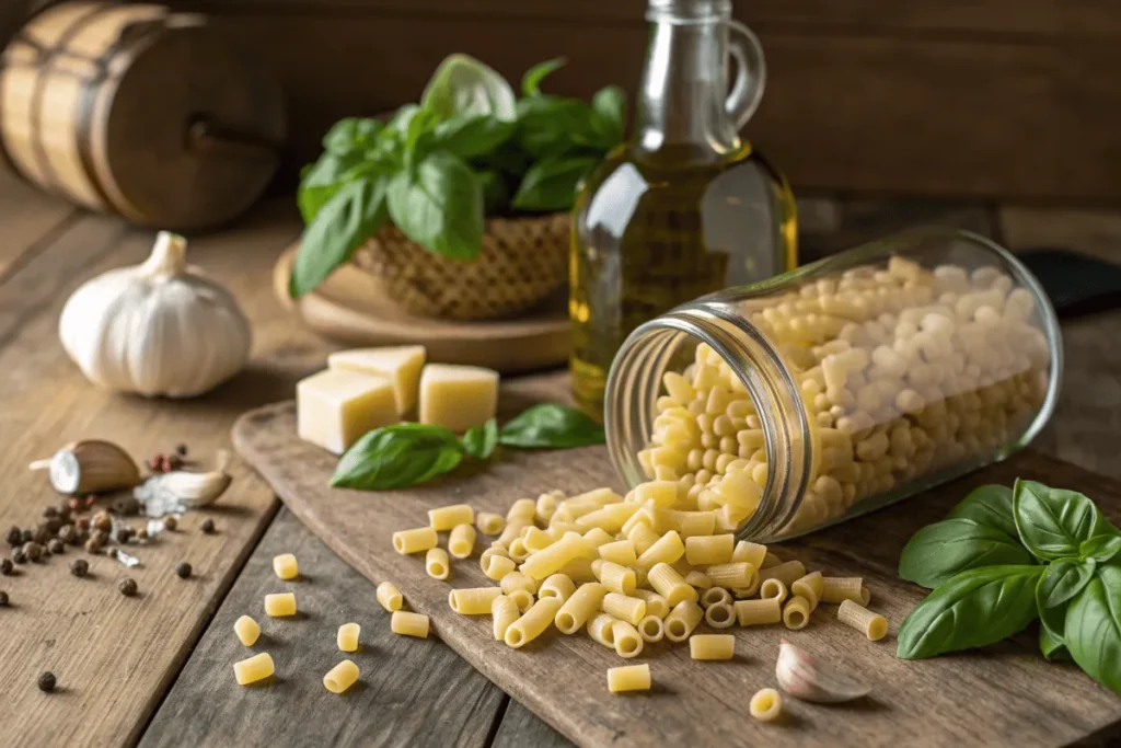 Uncooked ditalini pasta with fresh basil, garlic, and olive oil on a wooden countertop