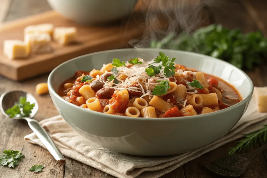 Steaming bowl of pasta e fagioli with ditalini pasta, beans, and tomato broth