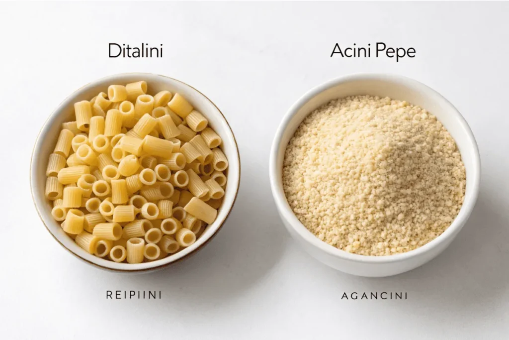 Side-by-side comparison of ditalini and acini di pepe pasta in bowls.