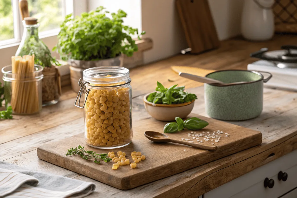 Rustic Italian kitchen with jars of ditalini and acini di pepe pasta. Is ditalini the same as acini di pepe?