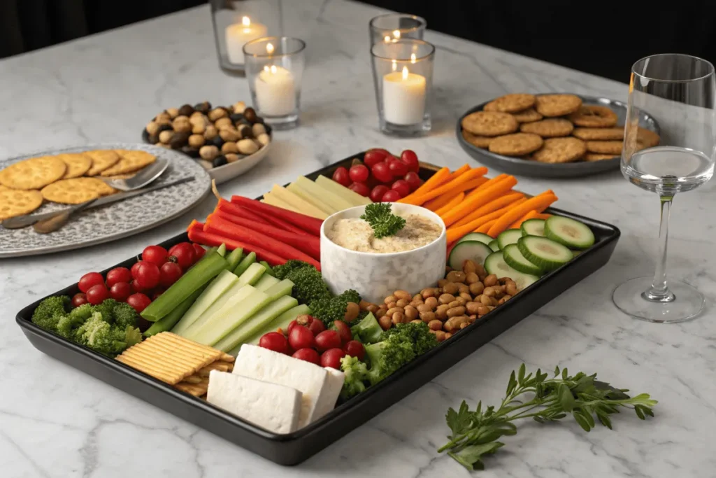 Elegant veggie tray in a party setting with wine glasses and candles