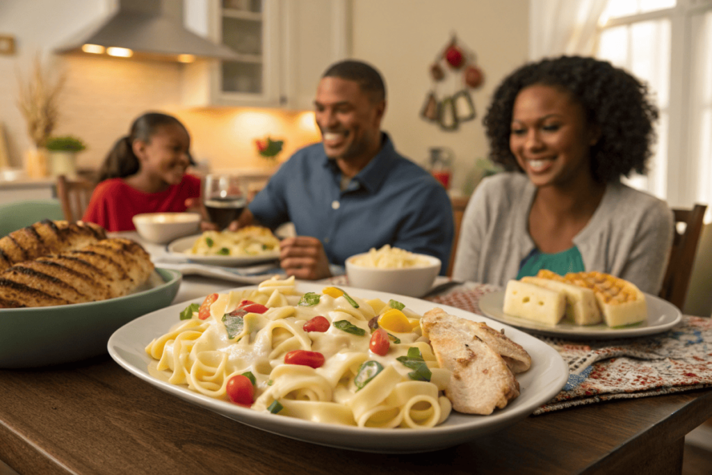 A platter of heart-shaped pasta with Alfredo sauce, vegetables, and grilled chicken on a family dinner table