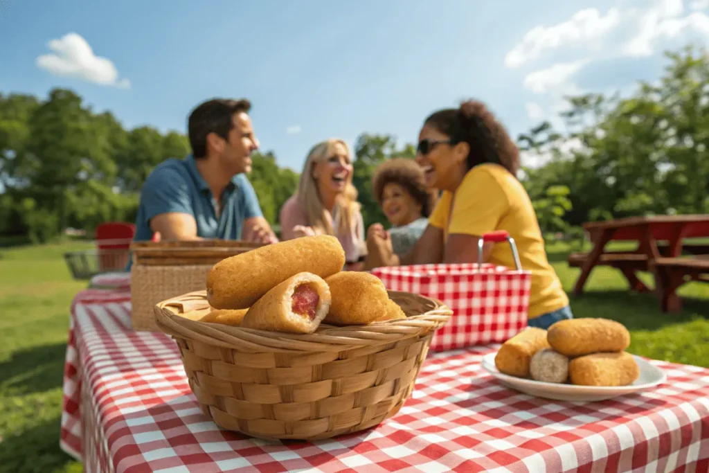 Family eating corn dog nuggets at a picnic.