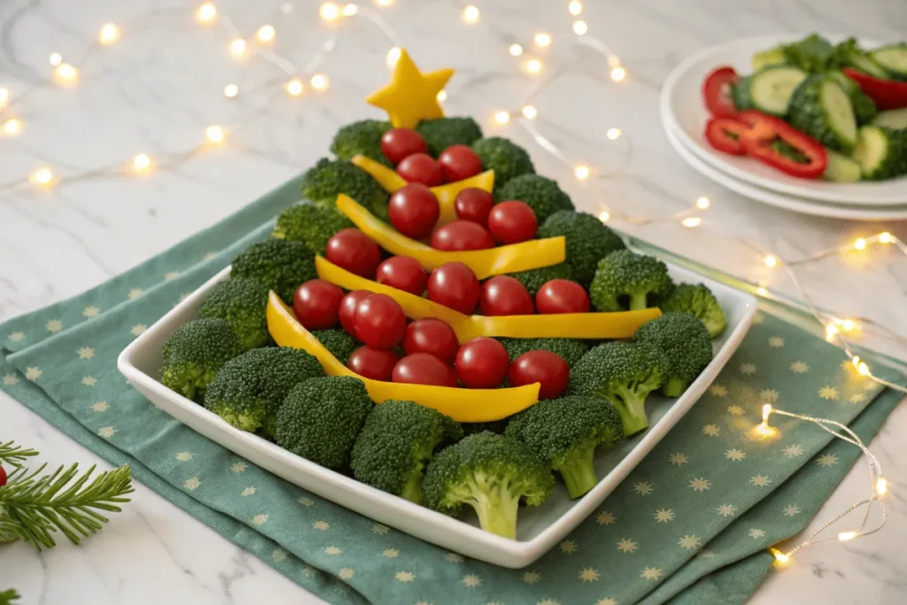 A holiday-themed veggie tray shaped like a Christmas tree with festive decorations