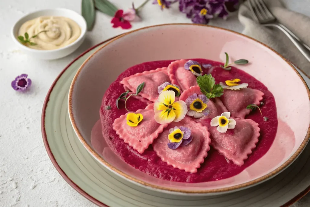 Heart-shaped pasta in pink beet cream sauce garnished with edible flowers.