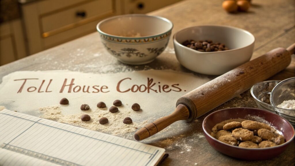 Vintage baking scene with tools and a handwritten Toll House recipe.