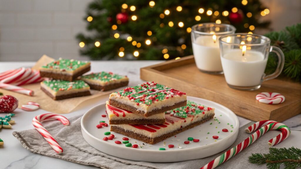 Festive Toll House bars with holiday decorations.